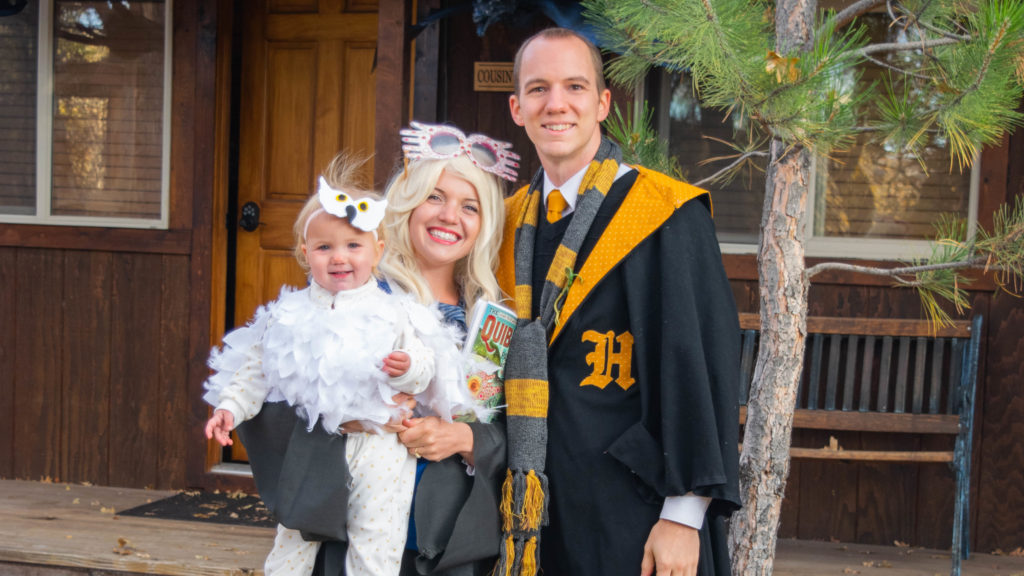 Jeff, Ally, and Gwen dressed in Harry Potter Costumes